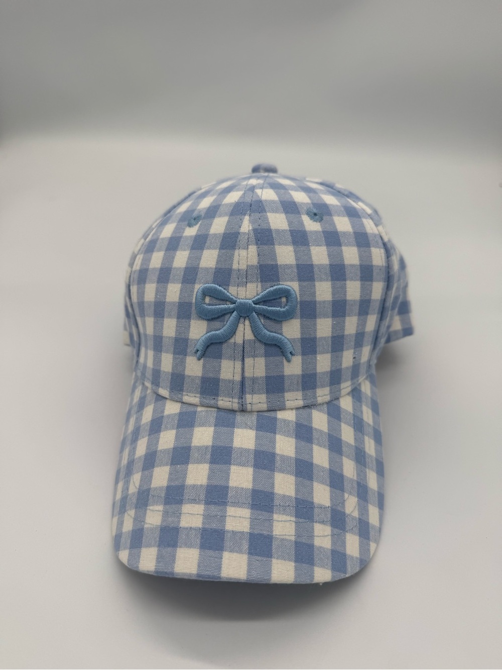 Juicy Couture Light Blue and White Gingham Bow Cap missing gold pin